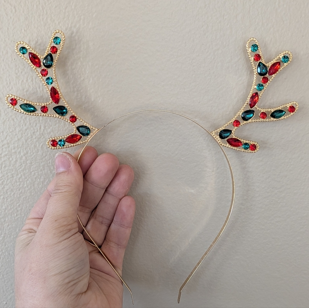 Festive Antler Headband with Red and Green Gems